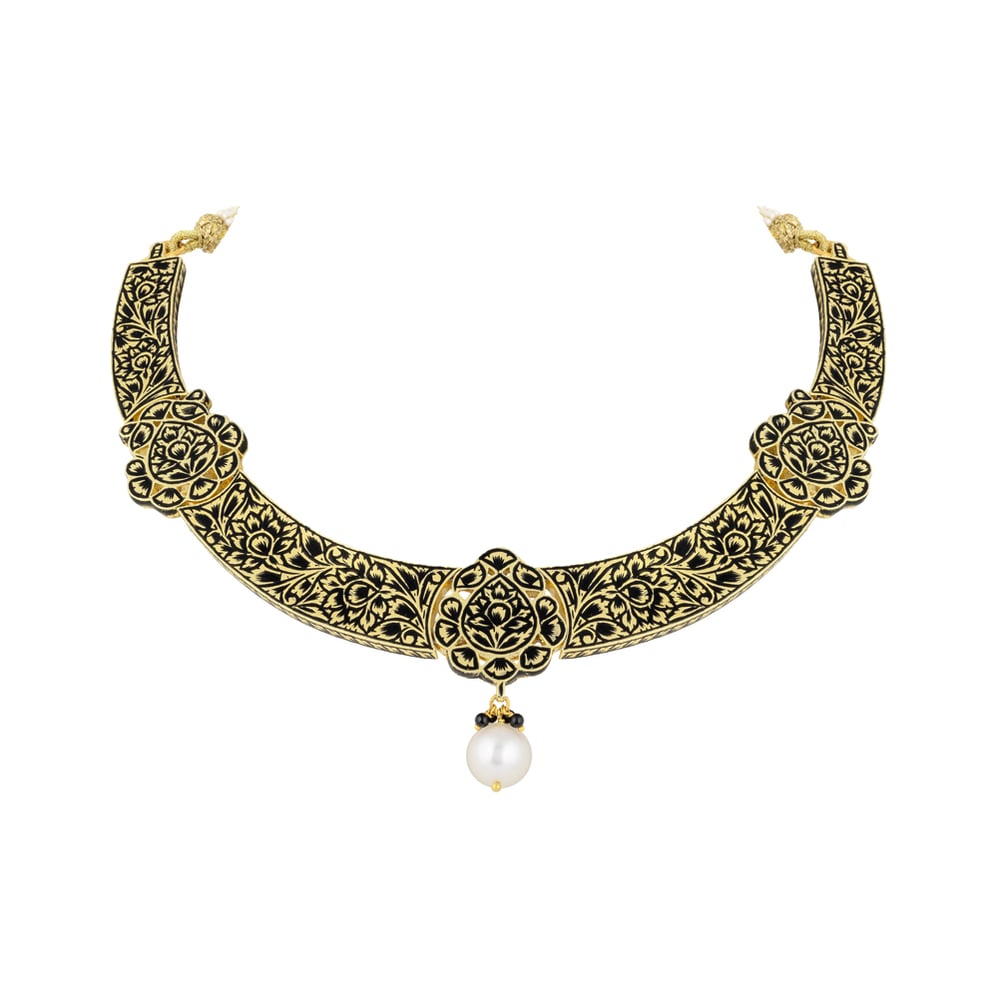 Black Enamel Hasli Necklace with Polki & Gold Floral Motifs